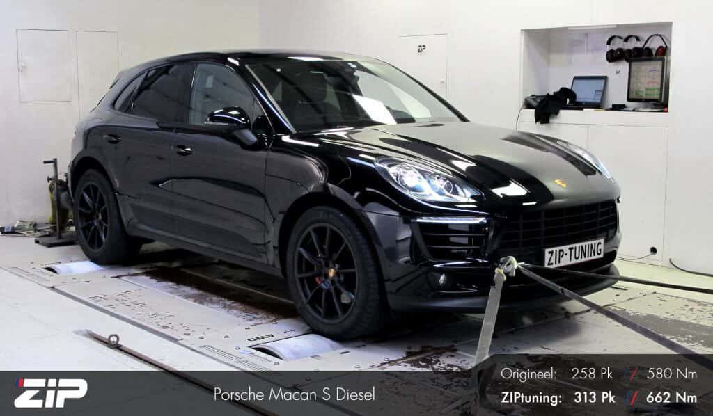Porsche Macan S Diesel op de rollenbank, met de meting van 258 naar 313 pk in beeld